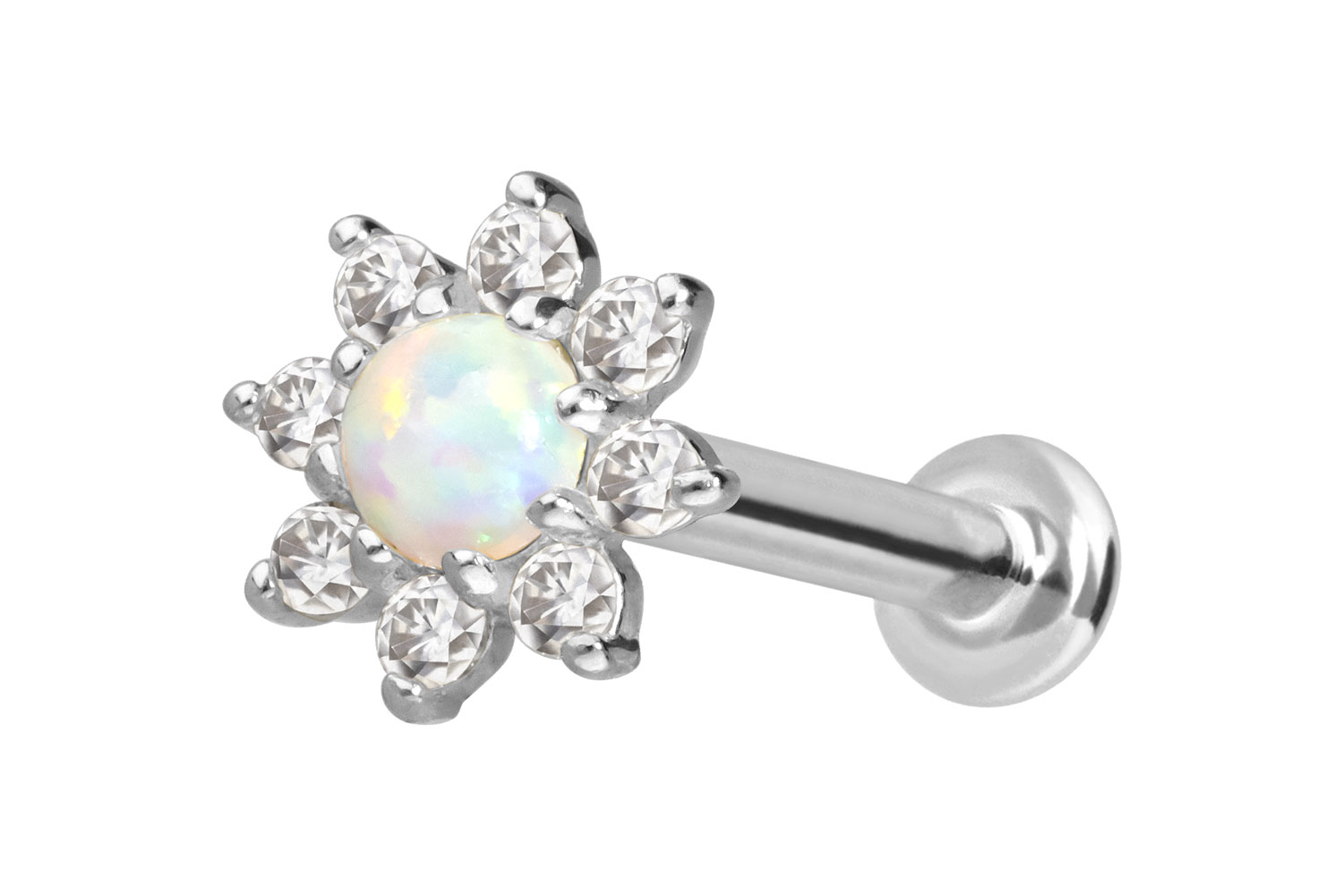 14 Karat Gold Labret Piercing mit Innengewinde MOISSANIT-BLUME + SYNTHETISCHER OPAL